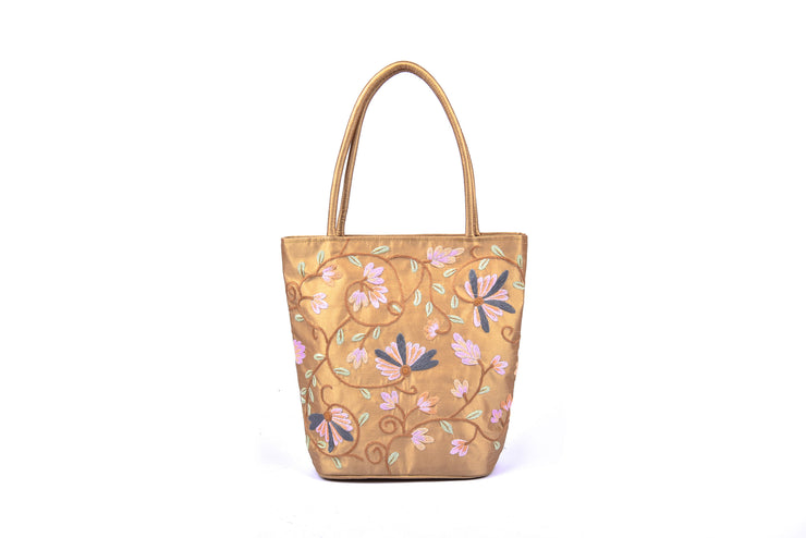 Bucket-shaped Taffeta Handbag with Hand-sewn Climbing Flowers Patterns