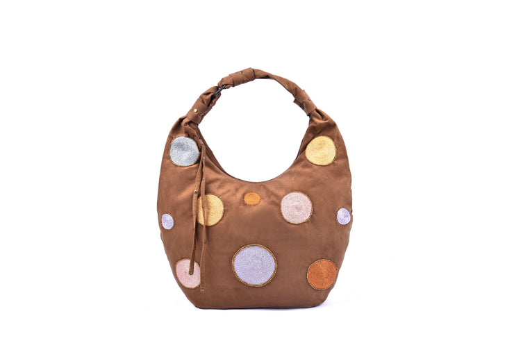 Suede Handbag with Hand-sewn Glass Bead Circular Patterns