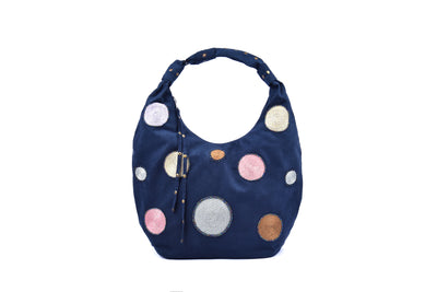 Suede Handbag with Hand-sewn Glass Bead Circular Patterns