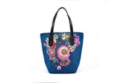 Large Suede Handbag with Square Bottom and Hand-sewn Flowers Pattern