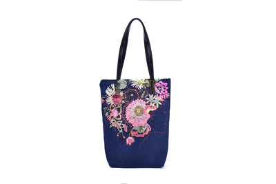 Tall Rectangular Suede Handbag with Hand-sewn Flowers Patterns