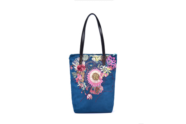 Tall Rectangular Suede Handbag with Hand-sewn Flowers Patterns