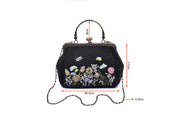 Hemp Bag With Copper Binding, Straight Hand Strap, Sequin And Glass Bead "Flowers And Grass" Patterns Embroidery, Chain Shoulder Strap
