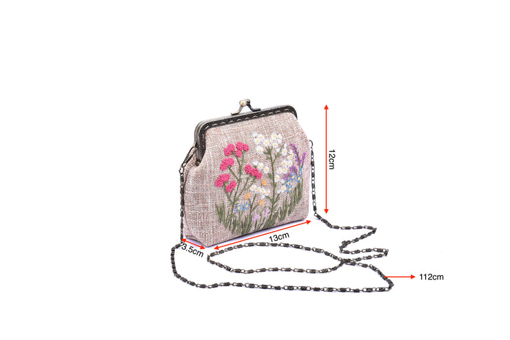 Small Hemp Bag With Copper Binding, Straight Hand Strap, Sequin And Glass Bead "3 Branches, 2 Birds"  Embroidery, Chain Shoulder Strap
