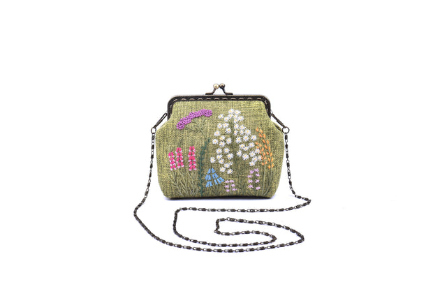 Small Hemp Bag With Copper Binding, "Chrysanthemum + Chinese Honeysuckle Flower Bushes"  Embroidery, Chain Shoulder Strap