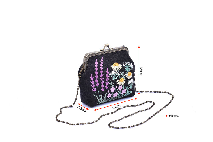 Small Hemp Bag With Copper Binding,  "Big Chrysanthemum Flower Bush" Embroidery With Sequin And Glass Bead Pistils, Chain Shoulder Strap