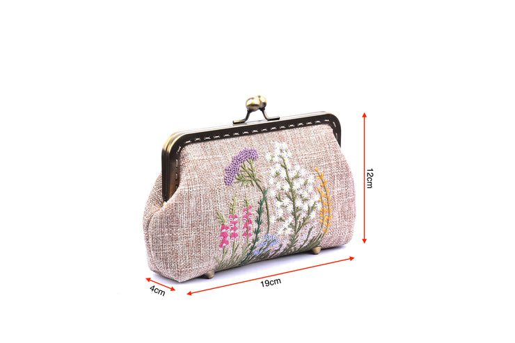Small Hemp Purse With Copper Binding And Mixed "Chrysanthemum + Chinese Honeysuckle Bush"  Embroidery
