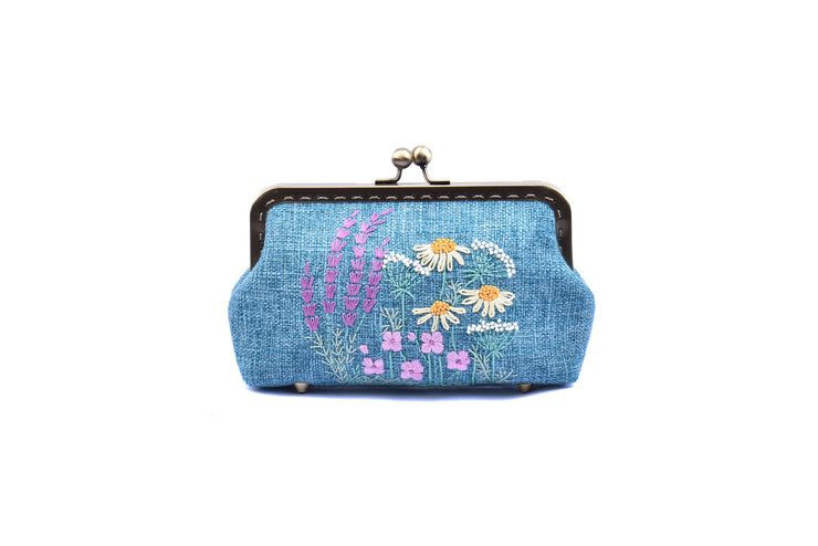 Big Hemp Purse With Copper Binding,  "Big Chrysanthemum Flower Bush" Embroidery With Sequin And Glass Bead Pistils