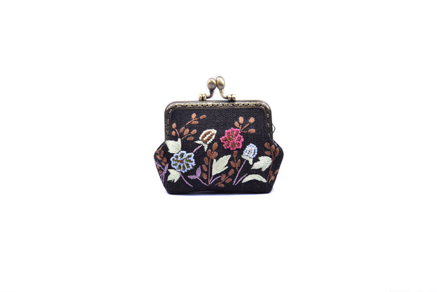 Hemp Purse With Copper Binding, Sequin And Glass Bead "Flowers And Grass" Patterns Embroidery, Big Press Lock