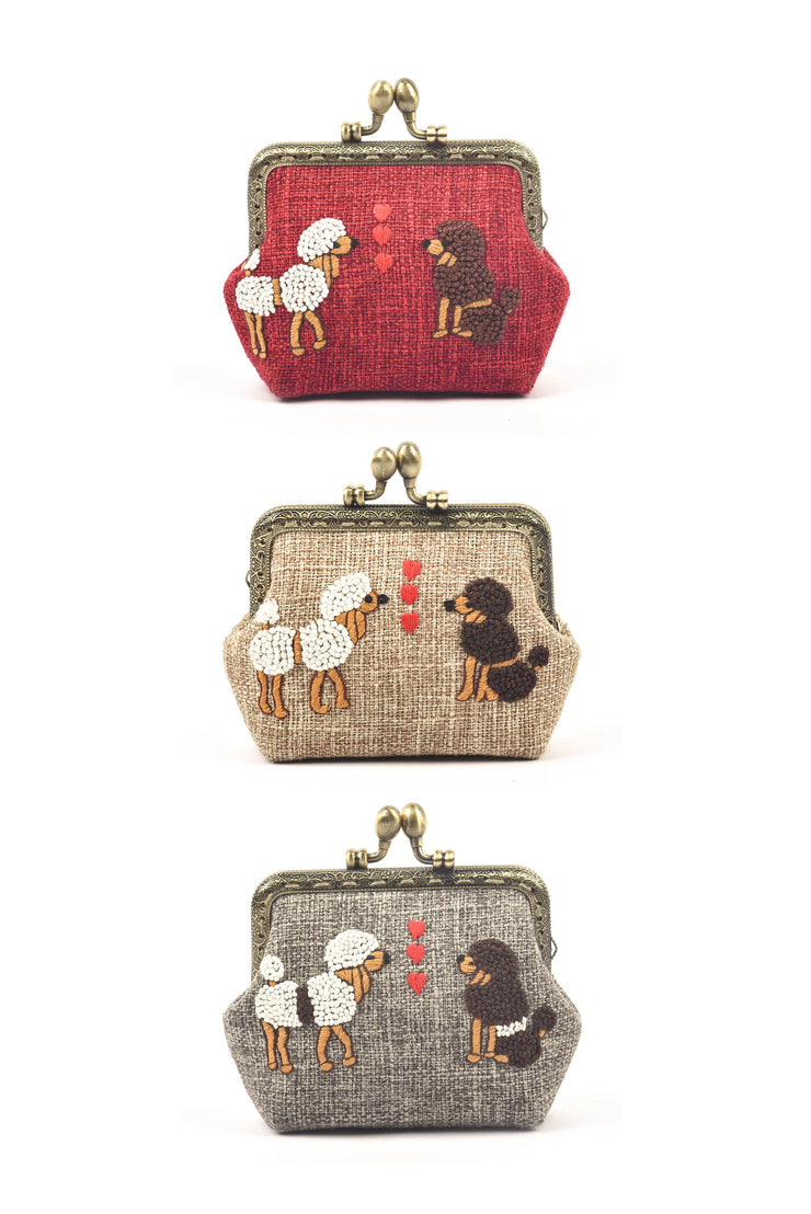 Hemp Coin Purse with Hand-sewn Poodles Pattern