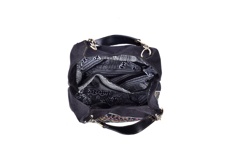 Brocade Bag With V-Shape Cover, Brass Chain Straps And Hand- Sewn H'mong Belt