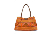 Trapezium Suede Bag with Coconut Button Buckle and Traditional Brocade Patterns