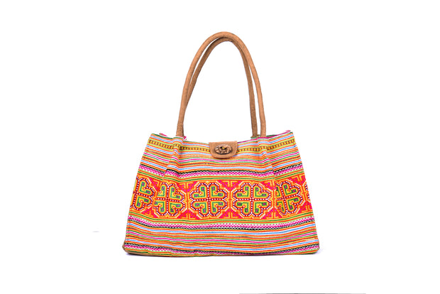 Trapezium Suede Bag with Coconut Button Buckle and Traditional Brocade Patterns