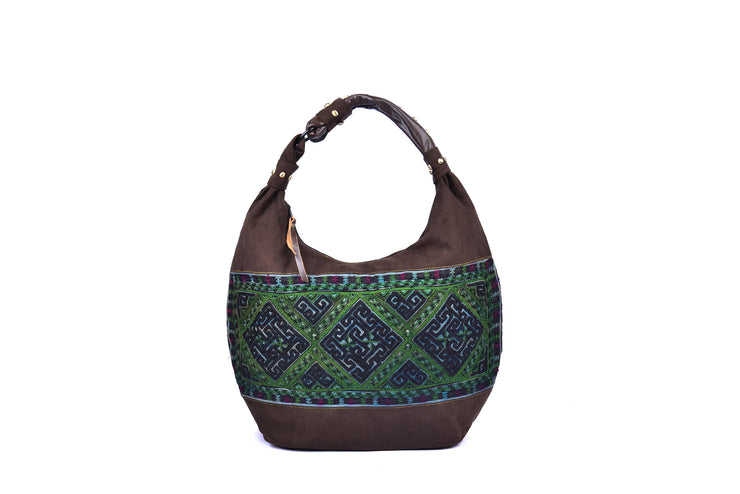Suede Handbag with Hmong Brocade Pattern