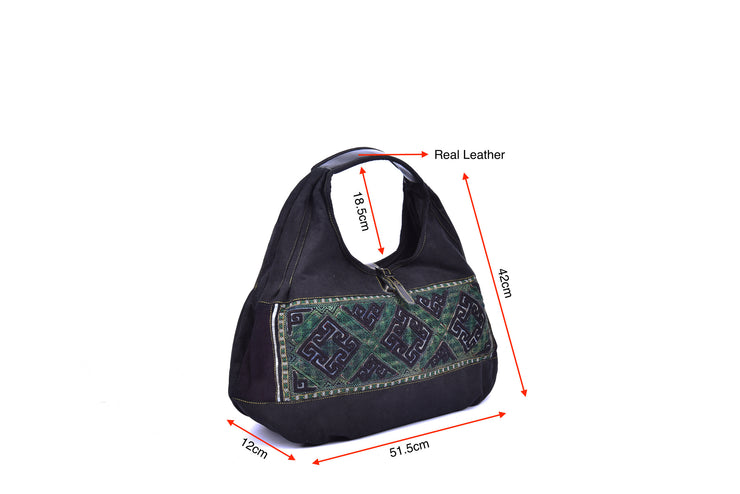 Big Suede Handbag with Hmong Brocade Pattern - Leather Straps