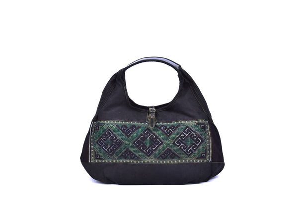 Big Suede Handbag with Hmong Brocade Pattern - Leather Straps