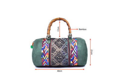 Suede Bag with Hmong Brocade Pattern - Bamboo Straps