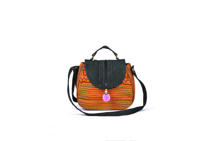 Medium-sized Satchel Bag with Zipper on Lid and Traditional Brocade Pattern