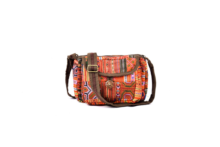 Rectangular Linen Satchel Bag with Mixed Square Brocade Patterns