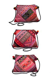 Flat Linen Satchel Bag with Mixed Brocade Patterns