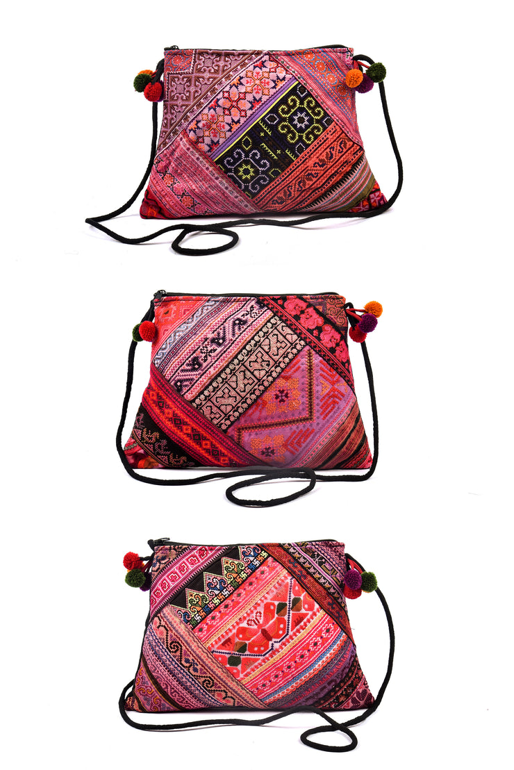 Flat Linen Satchel Bag with Mixed Brocade Patterns
