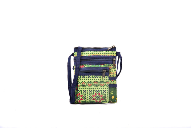 Flat Linen Satchel Bag with Front Compartment and Traditional Brocade Patterns