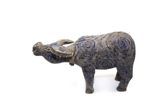 Big Wooden Buffalo with Hand-printed Beeswax Brocade of  H'Mong Ethnic