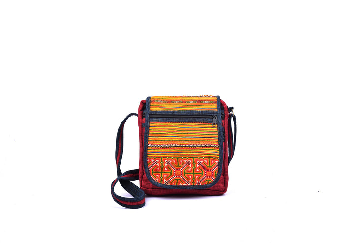 Hemp Satchel Bag with Lid and Traditional Brocade Pattern