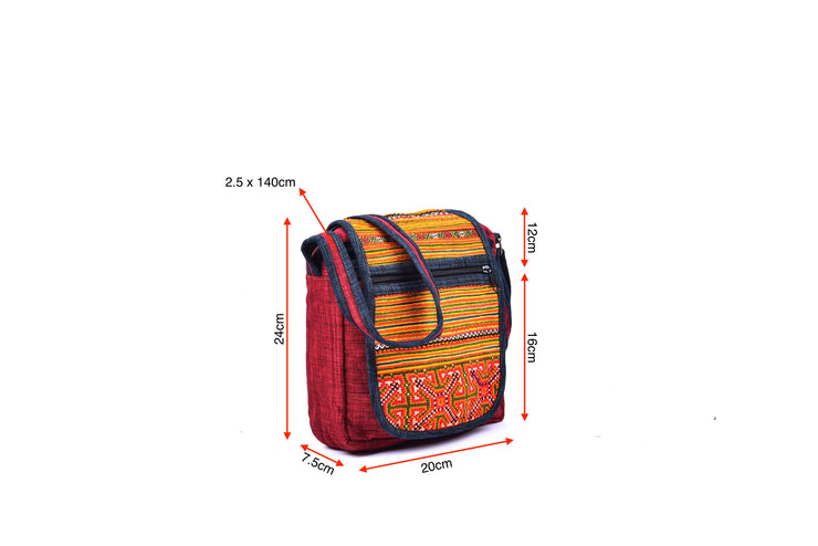 Hemp Satchel Bag with Lid and Traditional Brocade Pattern