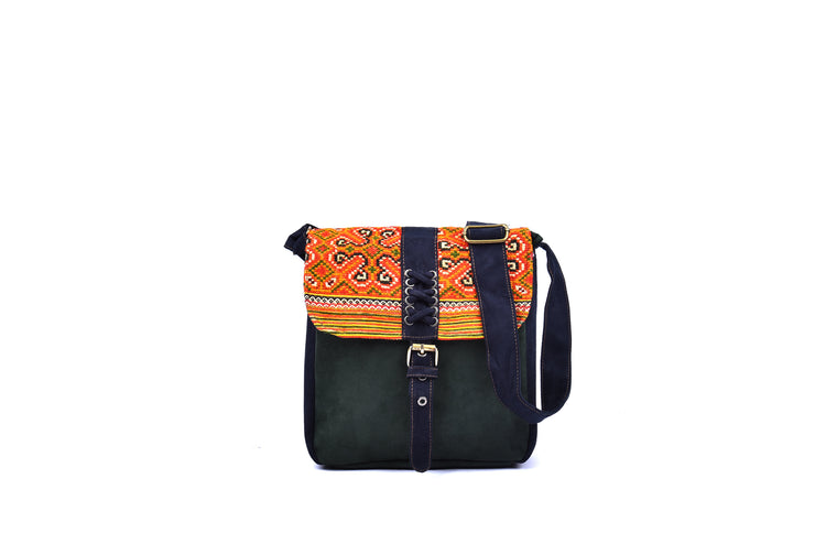 Suede Satchel Bag with Braided - String Designs and Traditional Brocade Pattern on Lid