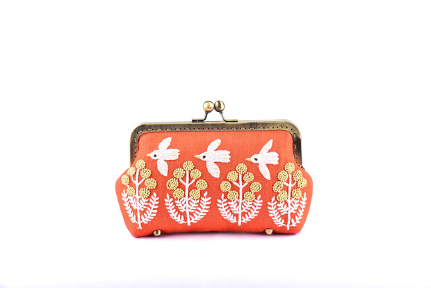 Linen Purse with Hand-sewn Birds and Flowers Patterns