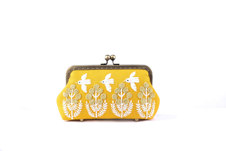 Linen Purse with Hand-sewn Birds and Flowers Patterns