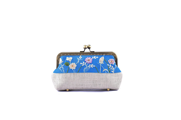 Linen Purse with Hand-sewn Glass Bead Flowers and Grass Patterns