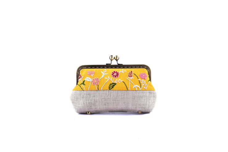 Linen Purse with Hand-sewn Glass Bead Flowers and Grass Patterns