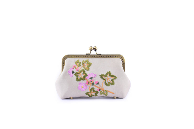 Linen Purse with Hand-sewn Rose Myrtle Pattern