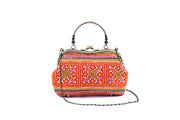 Bag with Curved Handle Frame and Traditional Brocade Pattern