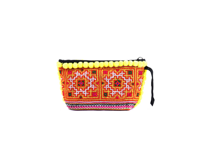 Brocade Purse with Woolen Balls on Fringe and Traditional Brocade Pattern