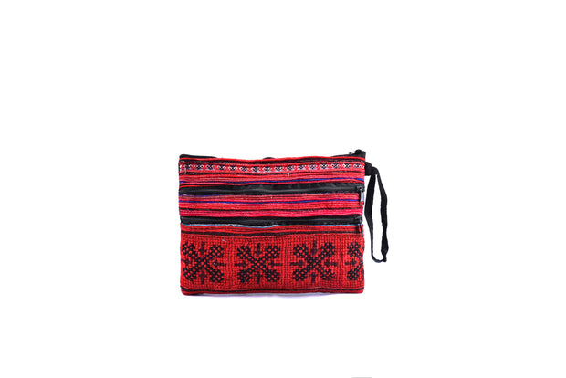 Small Flat Purse with Three Front Zippers and Traditional Brocade Pattern