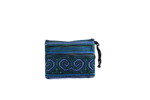 Small Flat Purse with Three Front Zippers and Traditional Brocade Pattern