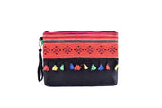Large Flat Suede Purse with Bristling Woolen Balls and Traditional Brocade Pattern