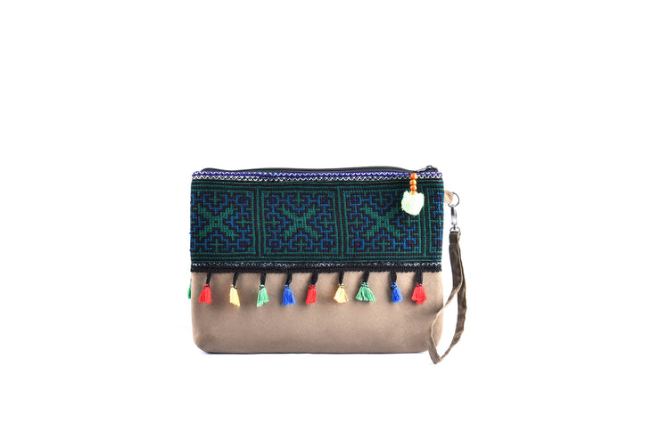 Large Flat Suede Purse with Bristling Woolen Balls and Traditional Brocade Pattern