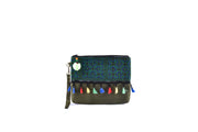 Small Suede Flat Purse with Bristling Woolen Balls and Traditional Brocade Pattern