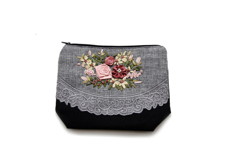 Purse with Zipper Hand-sewn Rose Ribbon and Lace Fabric