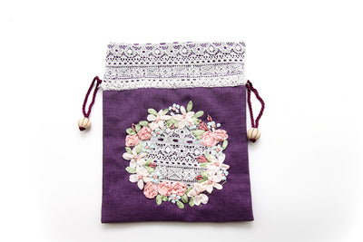 Drawstring Bag with Hand-sewn Round Rose Ribbon