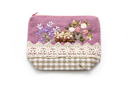 Zipper Purse with Hand-sewn Daisies Ribbon,  Rose and Violet Patterns