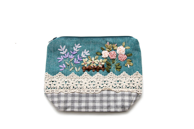 Zipper Purse with Hand-sewn Daisies Ribbon,  Rose and Violet Patterns