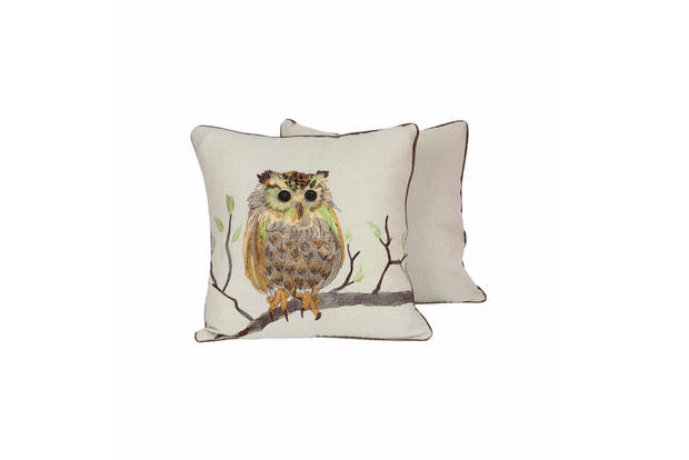 Square Linen Pillow Case 45X45 cm With An Embroidered Owl Pattern