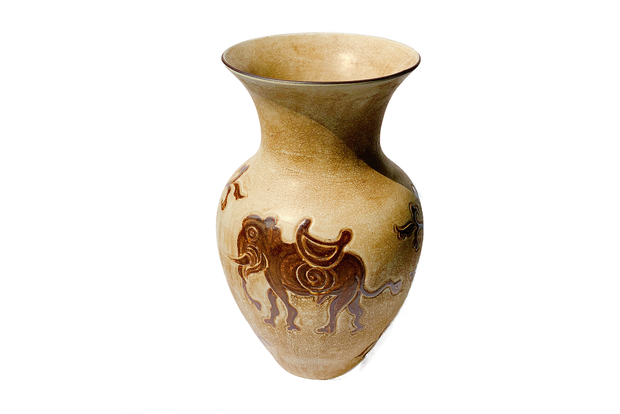 Medium Imitative-Antique Vase; Tighten-Mouth and Big Widen On Top; Elephant Patterns; Tran's Dynasty of XIII-XIV Century Brown-Ceramic