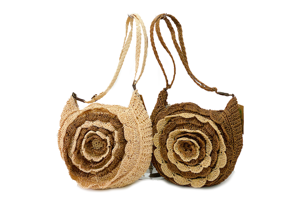 Seagrass Bag With Big Layered Flower And Long Shoulder Straps