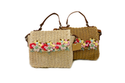 Rectangle Seagrass Bag With Leather Hand Straps And Attached Flowers Lid